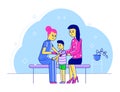 Line doctor pediatrician vector illustration, cartoon flat happy mother and kid boy characters visiting specialist for