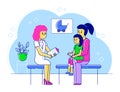Line doctor pediatrician vector illustration, cartoon flat happy mother and kid boy characters visiting specialist for