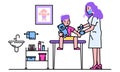 Line doctor pediatrician vector illustration, cartoon flat happy mother and kid boy characters visiting specialist for