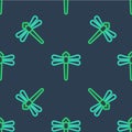Line Dragonfly icon isolated seamless pattern on blue background. Vector