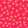 Line Dragonfly icon isolated seamless pattern on red background. Vector