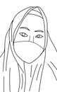 Line draw woman use headscarf with masker