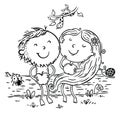 Line drawing of Adam and Eve with apples in paradise. Bible story scene: first man and woman in garden eden Royalty Free Stock Photo