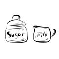 Line drawing. Line art sugar jar and milk and cream jug. Royalty Free Stock Photo