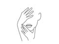 Line Drawing Art. Woman face with hands