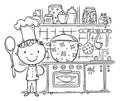 Line drawing of a cartoon kid as chief cooking in the kitchen