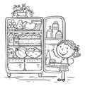 Line drawing of a cartoon kid and fridge with food, healthy eating or cooking concept, drawing, clipart Royalty Free Stock Photo