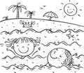 Line drawing of children characters on summer vacation on the beach. Girl and boy swimming in the sea Royalty Free Stock Photo