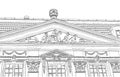 Line drawing of classical architectural elements angels pulling a barrel, pediments and other decorations