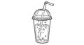 Line Drawing of Cold Beverage Cup with Straw and Lid in Black and White Royalty Free Stock Photo