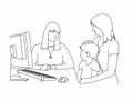 Line drawing of a doctor with child patient and their mother Royalty Free Stock Photo