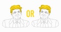 Line drawing of Donald Trump portrait, sketch, tin line, joyful and sad. Vector illustration, isolated on a white