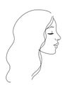 Line drawing, elegant portrait of young woman with closed eyes and curly hair. Logo for beauty products, hair salon