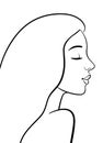 Line drawing, elegant portrait of young woman with closed eyes. Logo for beauty products, hair salon. Attractive avatar