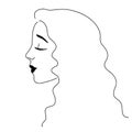 Line drawing, elegant portrait of a young woman with long curly hair and closed eyes. Logo for beauty products, beauty