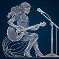 Line drawing of a female singer-songwriter with long hair