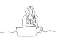 Line drawing of girl with laptop and drinking a coffee continuous one hand drawn single lineart design. She home freelancer