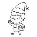 line drawing of a grumpy boy wearing santa hat