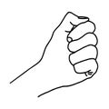Line drawing of hands of team bumping fists together. Linear art. Hands clenched into a fist. Isolated drawing on a