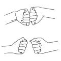 Line drawing of hands of team bumping fists together. Linear art. Hands clenched into a fist. Isolated drawing on a white