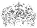 Line drawing of happy cartoon children playing in front of school building, back to school clipart Royalty Free Stock Photo