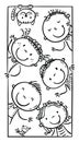 Line drawing of happy doodle cartoon kids, vertical rectangular clipart illustration