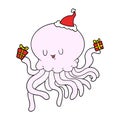 line drawing of a jellyfish in love wearing santa hat