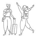 Line drawing karakul two joyful girls tourists. One with a bag on his shoulder and a suitcase on wheels. The second with