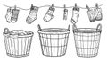 Line drawing of laundry baskets and socks drying on a line. Thr Royalty Free Stock Photo