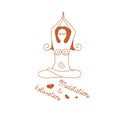 Linear drawing of female silhouette practicing yoga with the word meditation and relaxation under the silhouette.