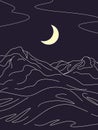 Line Drawing of Night Scene with Moon and Mountain Range Royalty Free Stock Photo