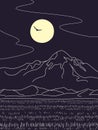 Line Drawing of Night Scene with Moon and Mountains Royalty Free Stock Photo