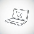 Line drawing of an open laptop with a large, stylized arrow cursor displayed on the Royalty Free Stock Photo