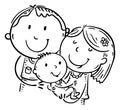 Line drawing of parents hugging baby. Happy cartoons mother and father embrace child