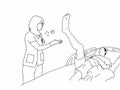 Line drawing of a patient kicking drugs out of nurses hand