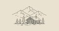 Line drawing of a rustic log cabin with a chimney, set amidst pine trees (Pinus spp.). Royalty Free Stock Photo