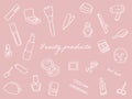 Line drawing set of beauty products. White and pink Royalty Free Stock Photo
