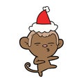 line drawing of a suspicious monkey wearing santa hat