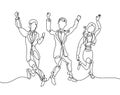 line drawing of three happy people - two men and one girl happily run