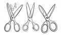 Line drawing of three pairs of scissors one with blunt ends, on Royalty Free Stock Photo
