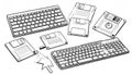 Line drawing of two computer keyboards and several floppy disks Royalty Free Stock Photo
