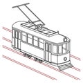 Line drawing of a vintage tram on tracks with overhead power connector viewed at an angle on white Royalty Free Stock Photo