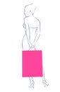 Line drawing of a woman with pink shopping bags