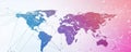 Line drawing of the world map with blue and purple dots connecting points, representing global connections, on a white Royalty Free Stock Photo