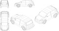 Line drawings of cars traveling in the city and various transportation vehicles from many angles