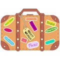 Line drawn retro style travel suitcase with colorful labels, illustration isolated on white background Royalty Free Stock Photo