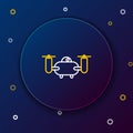 Line Drone flying with action video camera icon isolated on blue background. Quadrocopter with video and photo camera Royalty Free Stock Photo