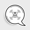 Line Drone flying with action video camera icon isolated on grey background. Quadrocopter with video and photo camera symbol. Royalty Free Stock Photo