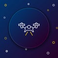 Line Drone flying icon isolated on blue background. Quadrocopter with video and photo camera symbol. Colorful outline