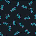 Line Drone flying icon isolated seamless pattern on black background. Quadrocopter with video and photo camera symbol